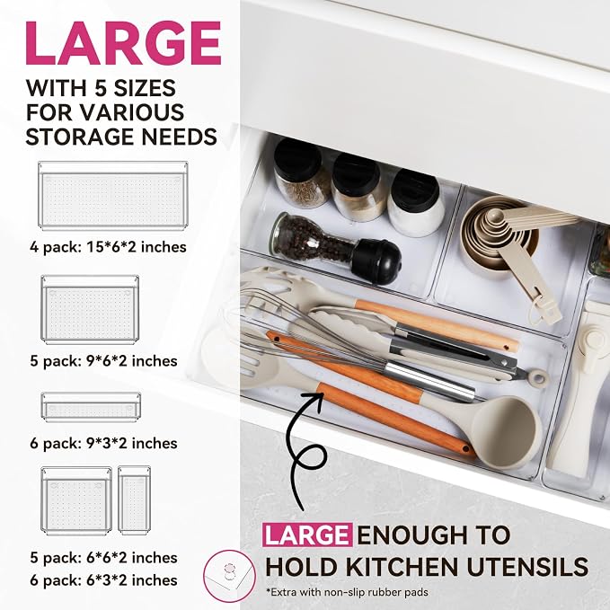 Large Drawer Organizer Bins 26 Pack | Complete 5 Size Clear Plastic Kitchen Drawer Organizers for Utensils | Bathroom Drawer Organizer Trays | Versatile for Makeup Office Organization - Image 2