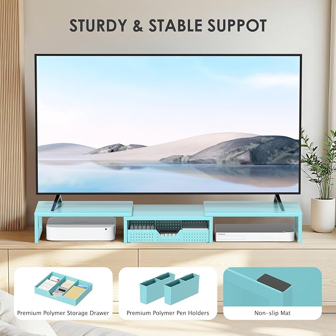 Desk Organizers and Accessories, Dual Monitor Stand Riser with Drawer and 2 Pen Holders, Desk Shelf Computer Monitor Stand for Office Workspace Organizers, Desktop Organization (Blue) - Image 7