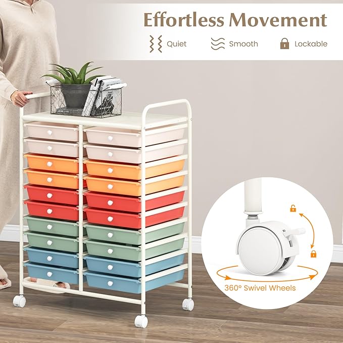 GOFLAME 20-Drawer Rolling Storage Cart, Multifunctional Art Craft Organizer Cart, Mobile Utility Storage Cart with Removable Drawers & Lockable Wheels, Craft Cart for Home Office School, Macaron Color - Image 5