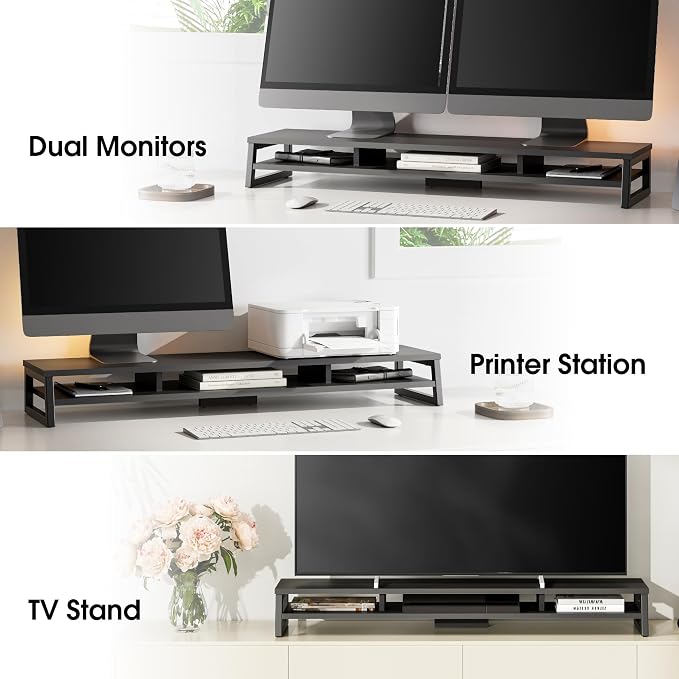 Fenge Dual Monitor Riser for Desk, Open Shelf with 3 Storage Compartments | 42.5in Computer Monitor Stand, 2-Tier Desk Shelf for Top of Desk,One-Piece Panel, fit Ultrawide Monitor, PC, Laptop, Black - Image 9