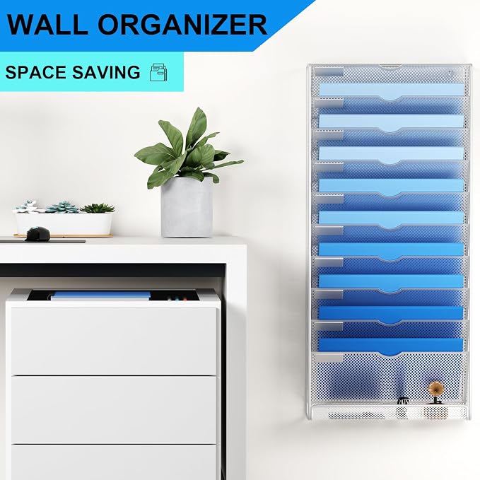 Hanging Wall File Organizer 10 Tier Wall Mounted File Holder Document Wall Organizer Magazine Organization for Office Home, Silver - Image 2
