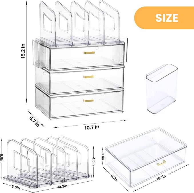 LALOBLUE Acrylic Desk Organizer with 4-Vertical File Holder Rack, 3-Clear Drawer and 2 Pen Holders, Desktop Storage for Office Desk Accessories School Classroom Organization (Clear) - Image 2