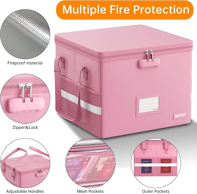 ENGPOW 5200°F File Box Fireproof Document Box with Lock,Heat Insulated Collapsible File Storage Organizer Box with Handle,Portable Home Office File Cabinet for Hanging Letter/Legal Size Folder, Pink - Image 5