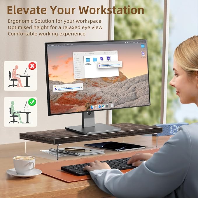 Monitor Stand Riser, 25x10 in Wood & Acrylic Computer Desk Organizer Shelf | Computer Monitor Stand With Wood & Acrylic Design; Works As Laptop Riser, Printer Stand, TV Screen Riser And Desk Organizer. - Image 5