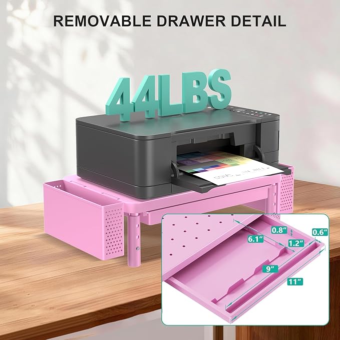 WALI Computer Monitor Stand with Storage, Desk Organizer with Drawer and Pen Holder, Desk Monitor Riser 3 Height Adjustable, Laptop Riser for Computer, Laptop, Printer (PTT003-P), 1 Pack, Pink - Image 3