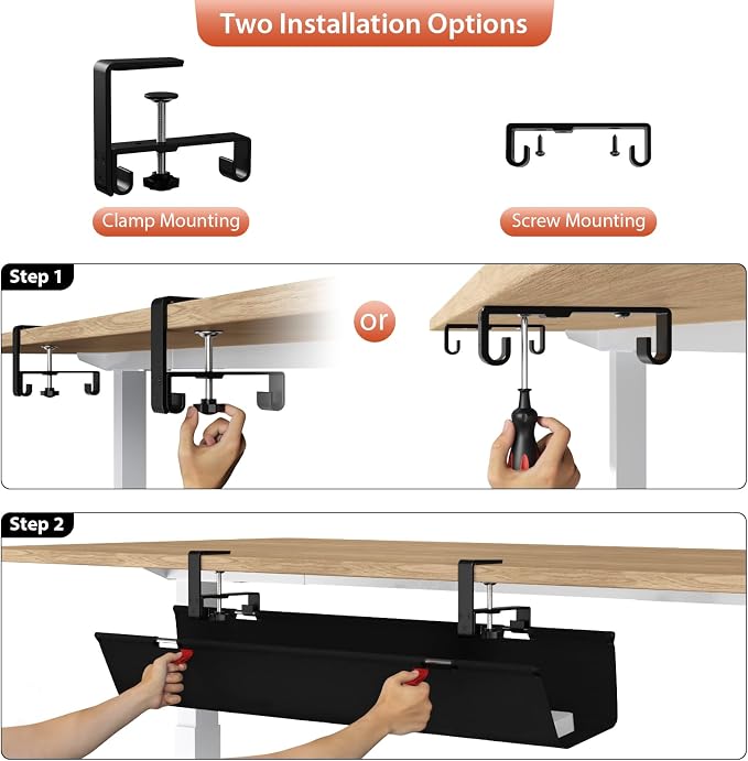 Univivi No Drill Under Desk Cable Management Tray, 36 inch Cable Management | Clamp/Screw Mount Desk Cable Management, Premium Fabric Cable Management Tray, Large Capacity Cord Organizer for Office, Home - Image 6