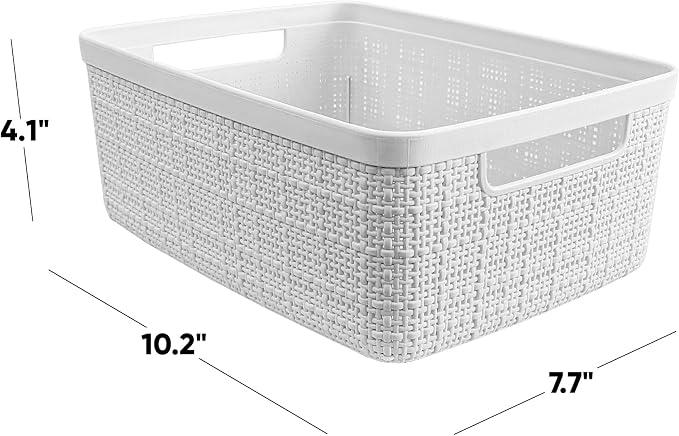 Curver Set of 8 Small 4.5L Jute Decorative Plastic Organization and Storage Baskets - Perfect Bins for Home Office, Closet Shelves, Kitchen Pantry and All Bedroom Essentials, White - Image 2