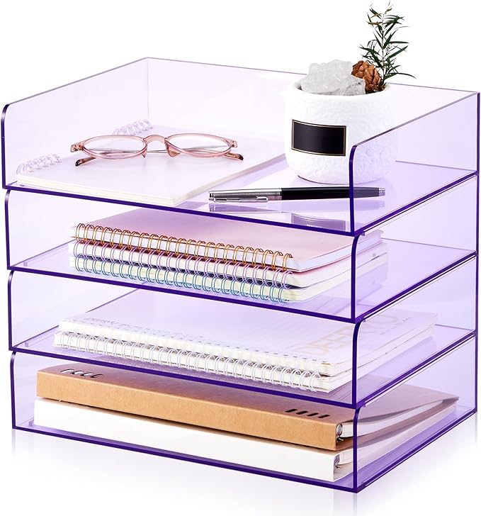 Harloon 4 Tier Clear Purple Acrylic Paper Organizer Letter Tray, Aesthetic Stackable Desk File Organizer Paper Holder Office Tray for A4, Modern Classroom Home Office File Pad Books Notes by Muasung