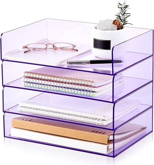 Harloon 4 Tier Clear Purple Acrylic Paper Organizer Letter Tray, Aesthetic Stackable Desk File Organizer Paper Holder Office Tray for A4, Modern Classroom Home Office File Pad Books Notes by Muasung
