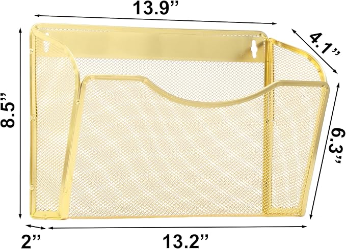 3 Single Pocket Mesh Hanging File Organizer, Vertical Wall Mounted Magazine File Holder, Mount Basket Mail Paper Document Folder Organizing for Office, Home and School, Gold - Image 2