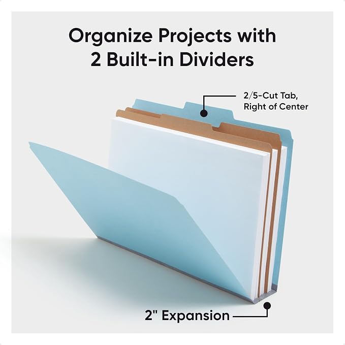 Smead Pressboard Legal Size File Folders with SafeSHIELD Fasteners, 2 Dividers, 2" Expansion, Office Folders, Paper Holder, Blue, 10 per Box (19030) - Image 7