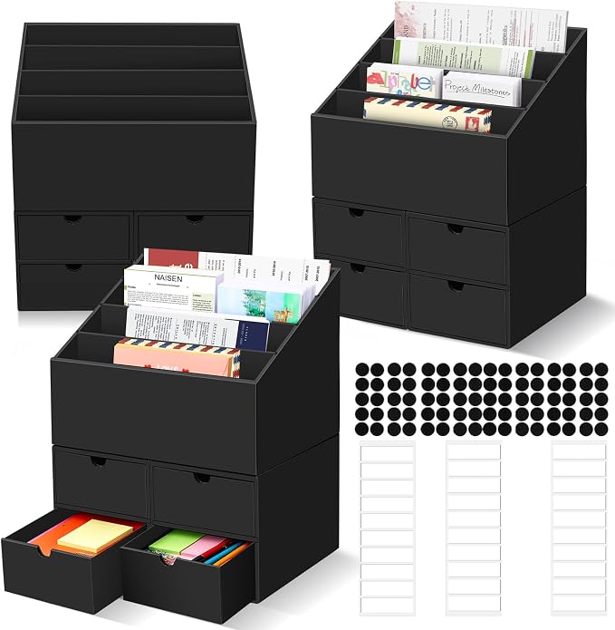 3 Sets Desktop Mail Organizer with Drawers, 4-Compartment Stepped Mail Sorter and 2-Drawer Storage Box for Bills, Letters, Envelopes, Papers, Home Office, Reception, Entryway and Mailroom by QLOUNI