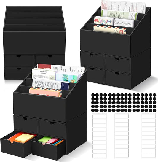 3 Sets Desktop Mail Organizer with Drawers, 4-Compartment Stepped Mail Sorter and 2-Drawer Storage Box for Bills, Letters, Envelopes, Papers, Home Office, Reception, Entryway and Mailroom by QLOUNI