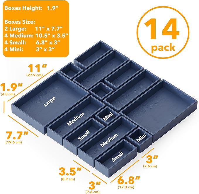 SpaceAid 14-Piece Bamboo Drawer Organizer Storage Boxes Set, Wood Tray Junk Drawer Organizers Multi-Use Divider Bins for Kitchen, Bathroom, Office Desk and Makeup Organization (14 Pack, Navy Blue) - Image 3