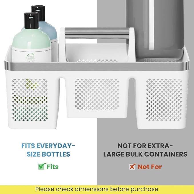 BYUNER Plastic Shower Caddy Dorm: Portable Shower Basket Tote with Handle, 4 Compartments, All-Side Drainage, Hard Bathroom & Cleaning Caddy Organizer for college Dorm Room Essentials, White/Silver - Image 7