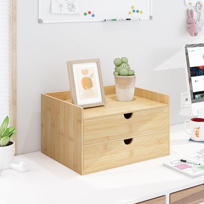 Bamboo Desk Drawer Organizer, Large Desktop Organizer with Drawers Tabletop Storage Organization Box for Office Home Toiletries Supplies Vanity, No Assembly Required (2 Drawer with Shelf) - Image 7