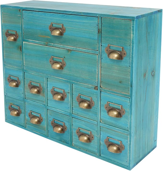 14-Drawer Apothecary Cabinet - Wooden Storage Box - Vintage Chest of Drawers - Multipurpose Tool Box - Desktop Drawer Organizer for Herb Storage, Apothecary Diaries, Tea Collection - Blue - Image 5
