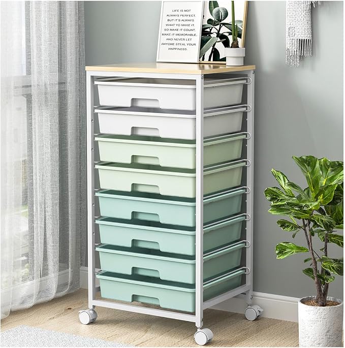 SYKIARIOL Rolling Cart with Drawers,Craft Organizers and Storage, Green | Rolling Storage Cart with 8 Drawers and Wooden Tabletop for Living Room,Office,Classroom,Craft Room,Bedroom,Dorm by SYKIARIOL