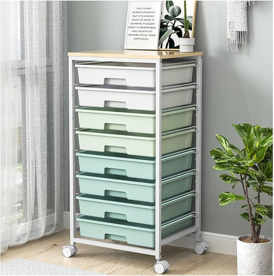 SYKIARIOL Rolling Cart with Drawers,Craft Organizers and Storage, Green | Rolling Storage Cart with 8 Drawers and Wooden Tabletop for Living Room,Office,Classroom,Craft Room,Bedroom,Dorm by SYKIARIOL