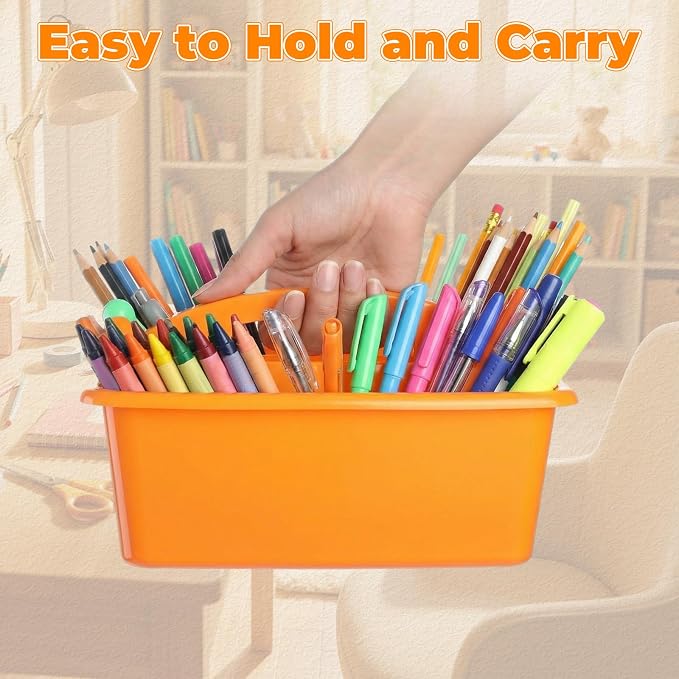 Kathfly 8 Pack Classroom Caddy Organizer with Handle, Plastic Art Craft Cleaning Caddy Bulk, Small Multipurpose Supply Organization Storage Basket for Table Desk Office Pencil Teacher (Blue Orange) - Image 6