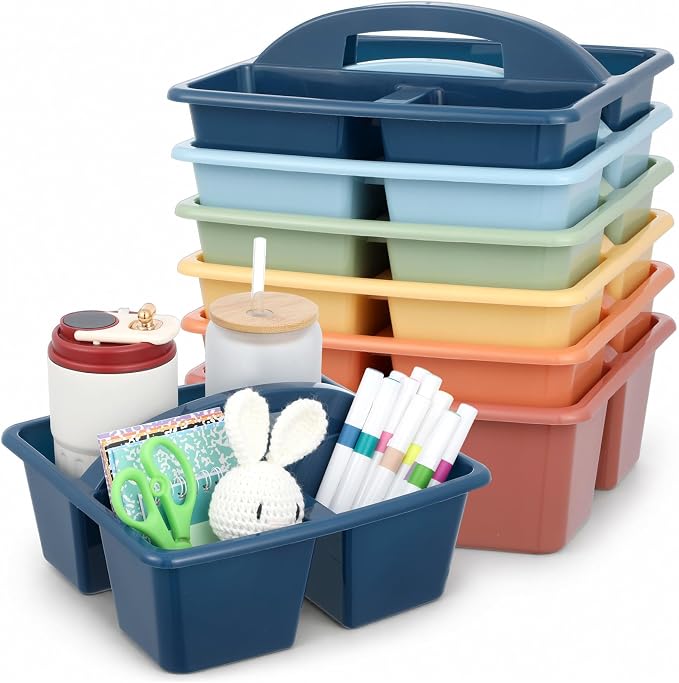 6 Pack 3 Compartment Small Caddy Plastic Classroom Organizer with Handle Portable Teacher Supply Storage Caddy Craft Art Caddies for Pencil, Crayon, Marker, Home, Office, School Supplies(Boho Earthy) by Yakydesign