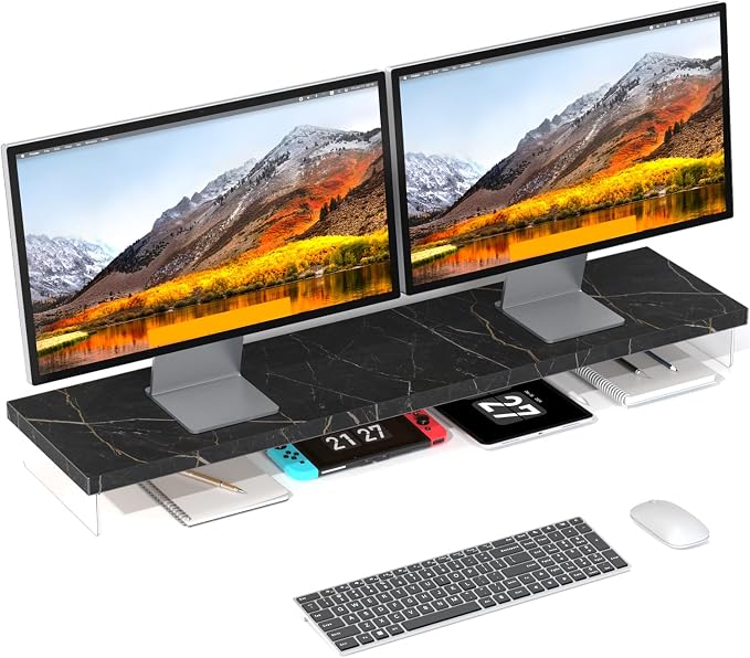 Dual Monitor Stand Riser, 40x10 in Wood & Acrylic Desktop Organizer Shelf | Computer Monitor Stand Riser With Wood & Acrylic Design; Fits 2 Monitors, Laptop, Printer And Desk Supplies For Office Use. by SSWOOD