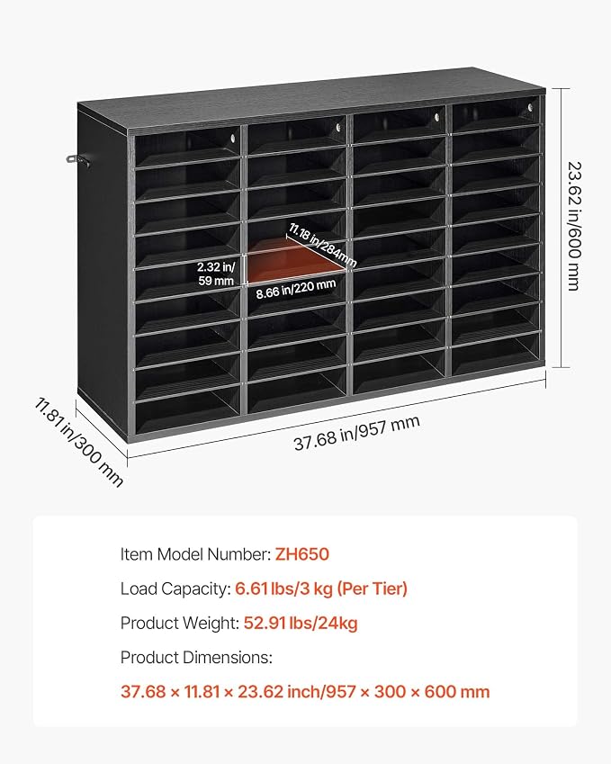 VEVOR Literature Organizer, 36 Compartments Office Mailbox with Detachable Shelves, Wooden Mailbox Sorter with Particle Board, Countertop Office Home Storage Organizer for File, Document, Paper, Black - Image 7