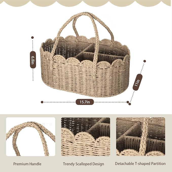 Diaper Caddy Organizer, Paper Rope Storage Baskets Nursery Bin with Removable Divider, Portable Car Organizer for Diapers, Baby Shower Gifts, Newborn Essentials Must Haves (Beige) - Image 3