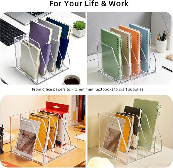 Clear Acrylic Magazine File Holder, 4 Compartment Desk Organizer | 4 spacious vertical compartments hold magazines, files, books & more. 5mm thick clear acrylic, non-slip base. No assembly. - Image 7