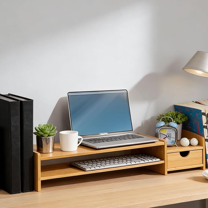 Bamboo 2-Tier Monitor Stand Riser with Drawers, Desktop Organizer for Laptop, Computer, Printer, Cellphone - Reduce Neck & Eye Strain, Office & Home Use - Image 4