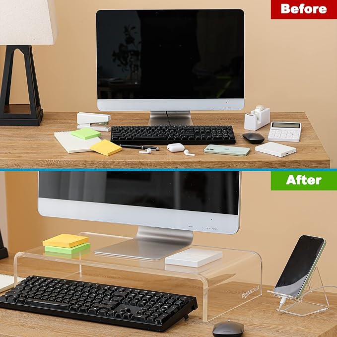20"x10"x4" Acrylic Monitor Stand, Clear Laptop Riser with Bonus Phone Stand | Extra-Wide Clear Premium Acrylic Computer Stand, Monitor Riser & Ergonomic Desk Organizer Shelf for Office, Home, Printer, TV - Image 6