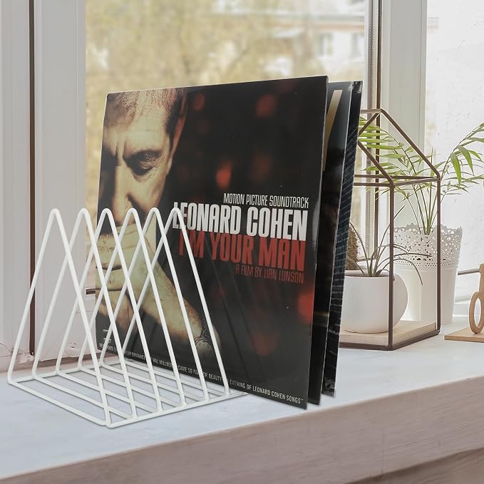 Vinyl Record Holder Storage, 9 Slot Metal Magazine Book Album Display Rack, Stylish Triangle Desktop File Sorter Organizer for Home Office, White - Image 5