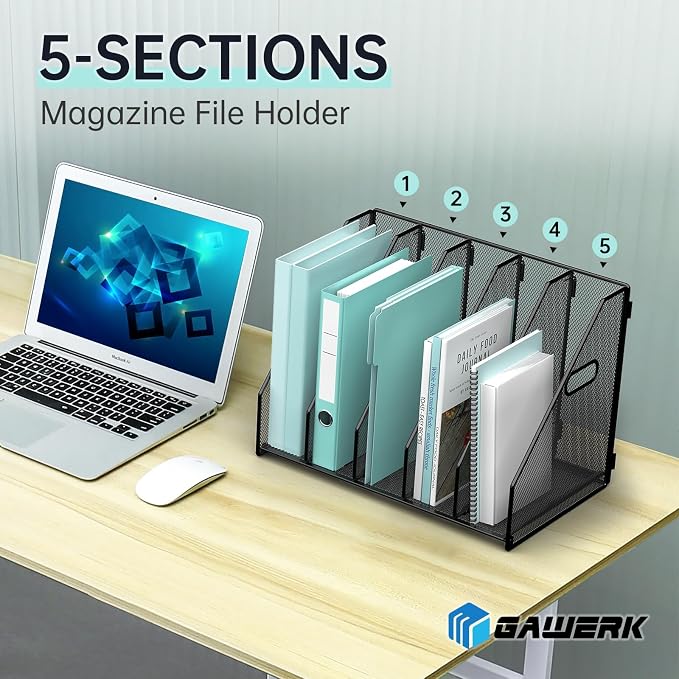 Gawerk 5 Section File Sorter Folder Holder Desk Organizer Office Rack | Desktop File Magazine Folder Holder 5 Compartments, Desk Organizer Vertical Magazine Folder Organize with Side Handles - Image 6