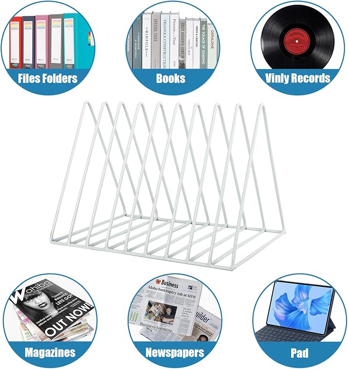 Vinyl Record Holder Storage, 9 Slot Metal Magazine Book Album Display Rack, Stylish Triangle Desktop File Sorter Organizer for Home Office, White - Image 3