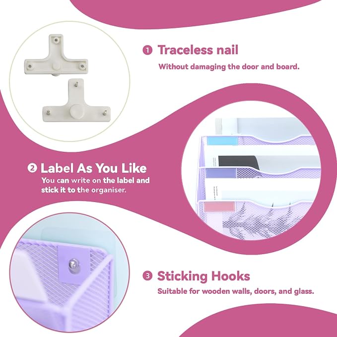 3 Pockets Mesh Wall File Holder Organizer Office Hanging File Folder Magazine Rack, Nametag Label Hooks Set Included (Purple) - Image 4