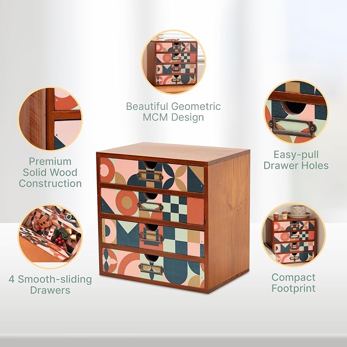Mid-Century Modern Geometric Pattern Desk Organizer - Earth Tone Desktop Storage with 4-Drawer - Retro Modern Wood Cabinet for Office Supplies, Craft Tools, & Home Organization - MCM Drawer Unit - Image 4