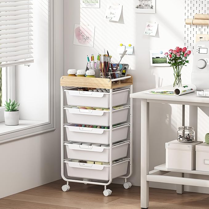 Utility Cart with 5 Drawers, Art Cart for Teacher Kid, White | Rolling Storage Cart for Crafters Artists Student Storage Arts Crafts & Study Supplies in Craft Room Dorm Classroom Kids Room - Image 6