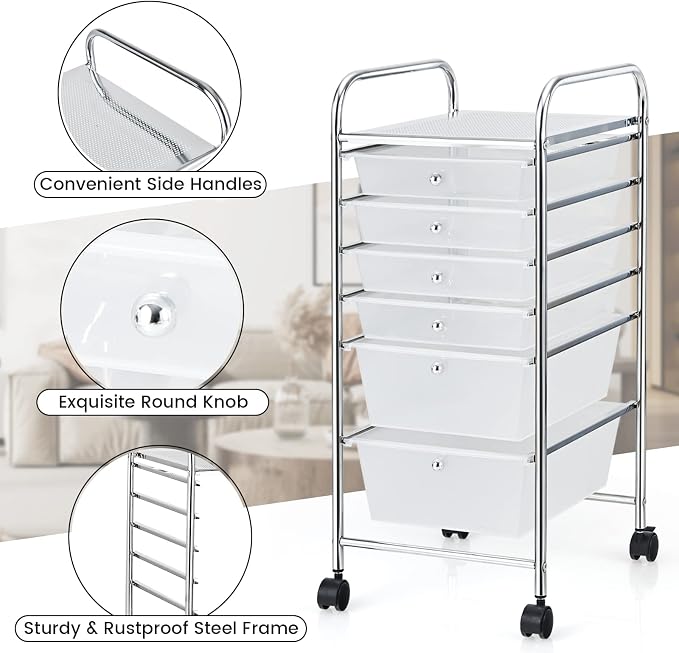 COSTWAY 6-Drawer Rolling Storage Cart, Art Craft Tools Organizer on Wheels | Multifunctional Heavy Duty Utility Mobile Storage Trolley w/ 2 Lockable Wheels for Home Office School (Clear) - Image 6