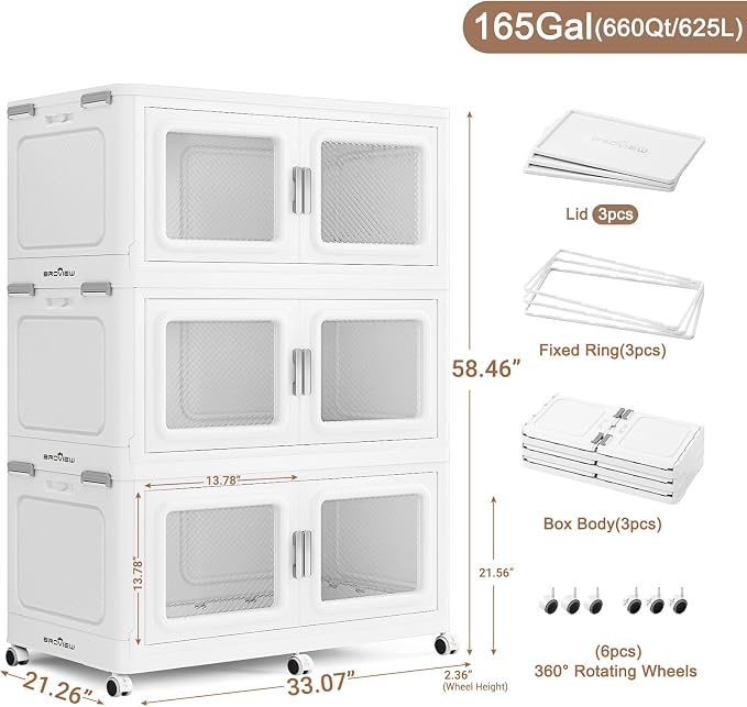 BROVIEW 660 Qt Extra Large Stackable Storage Bin with Lid, 3 Pack White | 165Gal Extra Large, Collapsible Storage Boxes with 3 Lids, Folding& Rolling Plastic Drawer, Heavy-Duty Cabinet Organization - Image 2