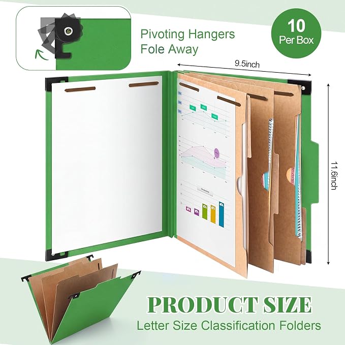 Henoyso 10 Pcs Hanging Classification Folders,3 Pocket Dividers,Green | Letter Size, Hanging File Folders with 3 Pockets, 4" Expansion, 8 Prong Fasteners, 1/3 Tab Cut, 8 Sections, Pressboard Manila - Image 2