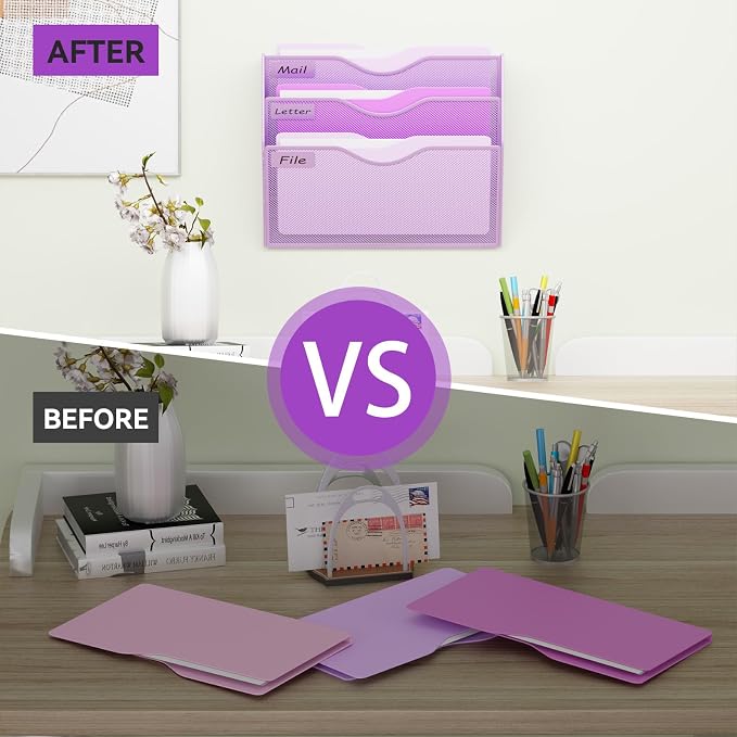 3 Pockets Hanging Wall File Organizer Mail Holder, Wall Mounted Paper Document Folder Holder, Clipboard Storage Organization Magazine Rack, Light Purple - Image 5