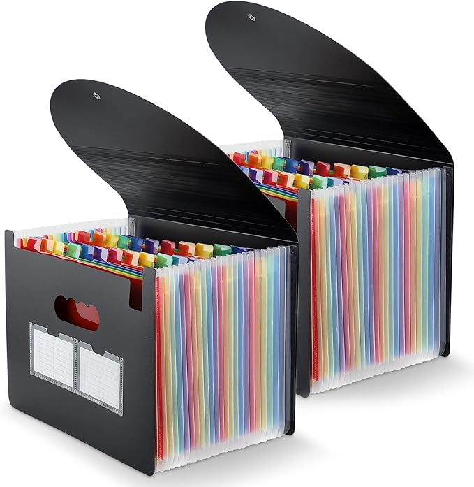 Accordion File Organizer, 2 Pack 24 Pockets Expanding File Folders, Portable Monthly Bill Receipt Documents Organizer with Colorful A-Z Tabs, Letter/A4 Size - Black by MAIMIS
