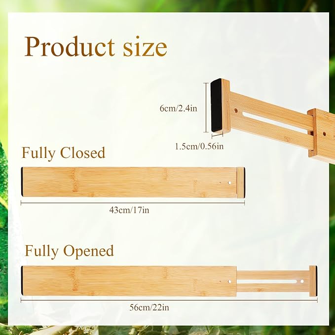 Sawysine 12 Pcs Bamboo Drawer Dividers Adjustable Drawer Organizers Spring Separators Organization Expandable Organizers for Kitchen Bedroom Bathroom Dresser Office (Natural Color,22 x 2.4 Inche) - Image 2