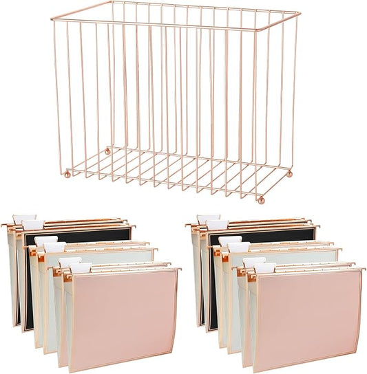 Y YOMA 1 Pack Rose Gold Desktop Hanging File Organizer | 12 Pack Rose Gold Pocket Hanging File Folders with Tabs & Insert | Letter Size Metal File Kit for Desk Home Office, I Shaped by YYOMA