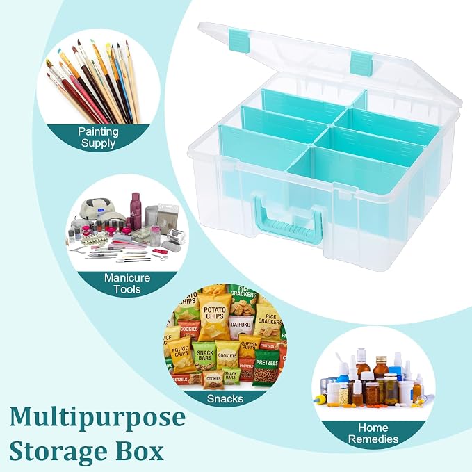 BTSKY Clear Plastic Dividing Storage Box with 8 Deep Compartments Adjustable Storage Bin with Lid Portable Craft Storage Container Multipurpose Sewing Box Art Supply Organizer, 15.1x13.9x6.1 Inches - Image 7