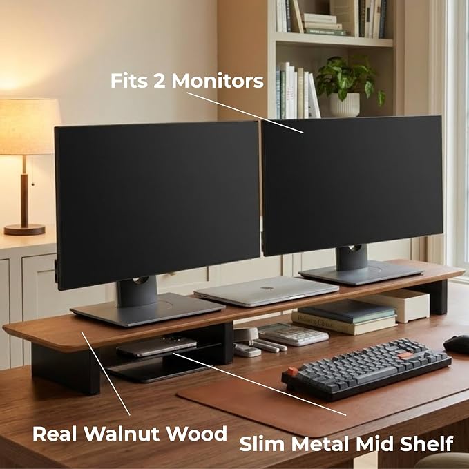 Walnut Monitor Stand for Desk (44 Inch) Large Monitor Stands for 2 Monitors, Desk Shelf for Top of Desk Walnut Monitor Shelf - Image 3