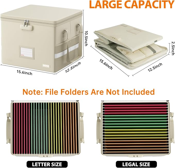 ENGPOW 5200°F File Box Fireproof Document Box with Lock,Heat Insulated Collapsible File Storage Organizer Box with Handle,Portable Home Office File Cabinet for Hanging Letter/Legal Size Folder, Beige - Image 8
