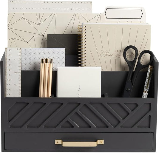 BLU MONACO | Wooden Mail Organizer with Drawer Gold Handle | Mail Sorter Organizer Countertop and Outgoing Mail Holder | Tabletop Organizer with Drawers Grey Desk Storage by Blu_Monaco