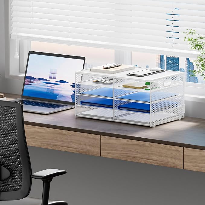 Lavatino 8 Compartments Paper Organizer for Desk, Mesh Literature Organizer, Mail File Sorter Tray with Handle, Desktop Mailbox for Office Classroom Home, White - Image 6