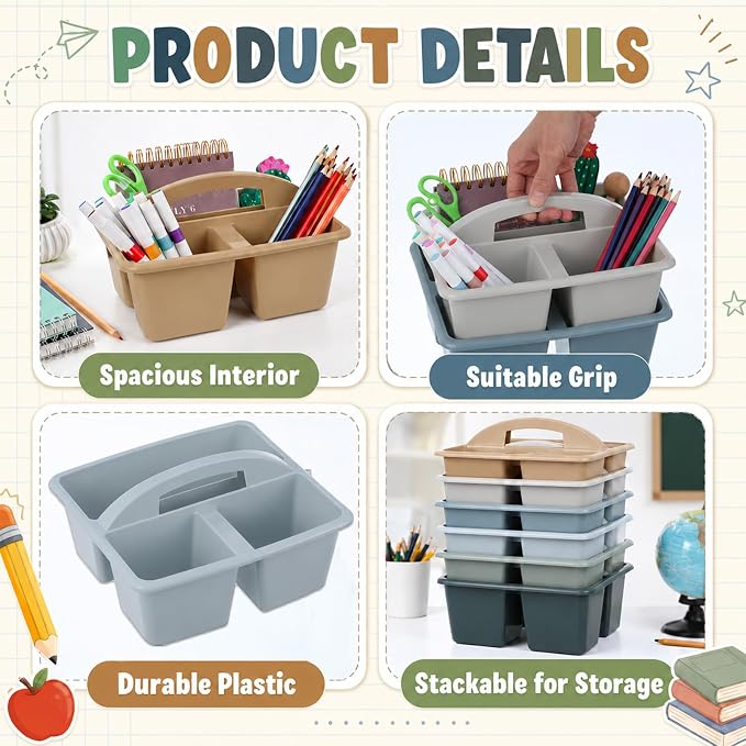 6 Pack 3 Compartment Small Caddy Plastic Classroom Organizer with Handle Portable Teacher Supply Storage Caddy Craft Art Caddies for Pencil, Crayon, Marker, Home, Office, School Supplies(Muted Nordic) - Image 3